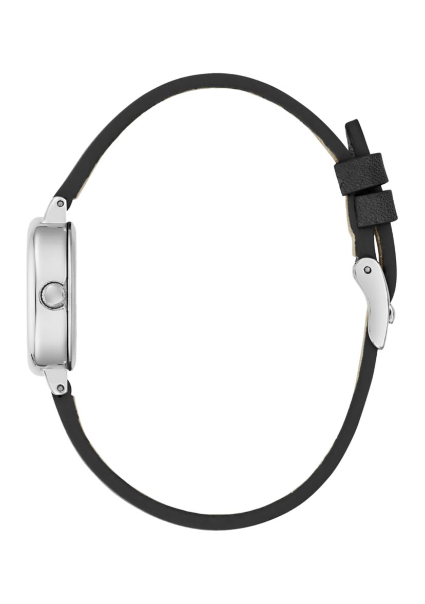 Silver Tone Thin Black Leather Strap Watch