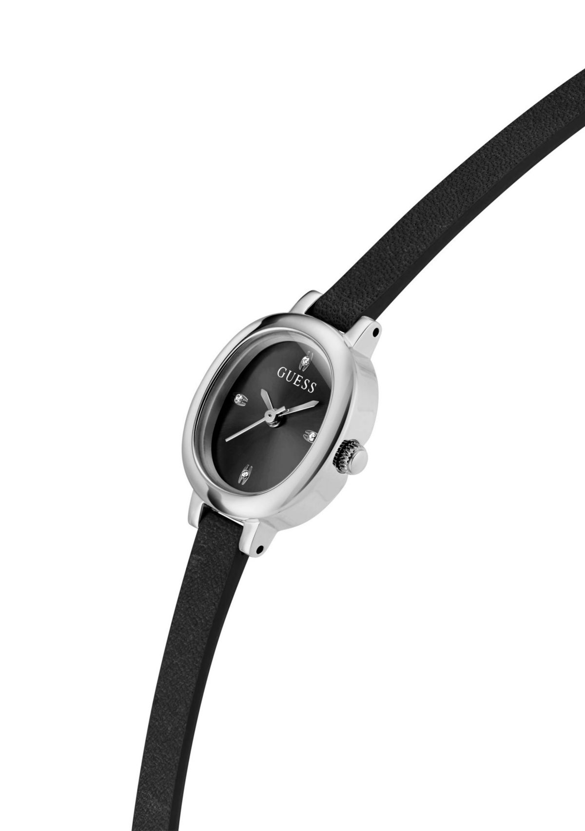 Silver Tone Thin Black Leather Strap Watch