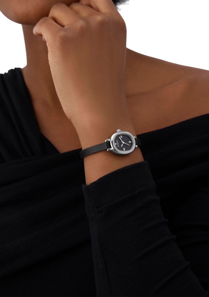 Silver Tone Thin Black Leather Strap Watch