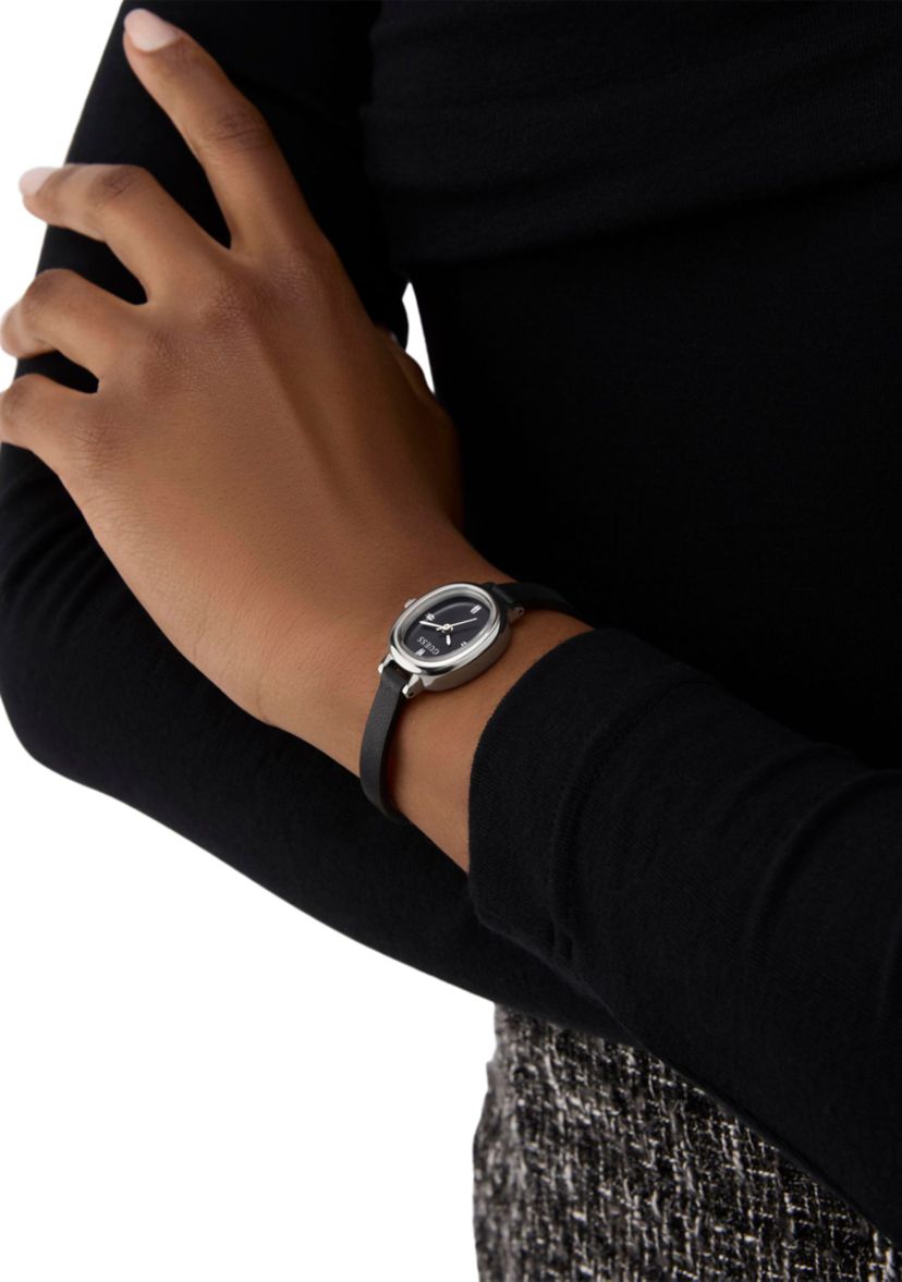 Silver Tone Thin Black Leather Strap Watch