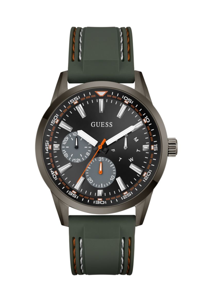 Dark Silver-Tone and Green Silicone Multifunction Watch