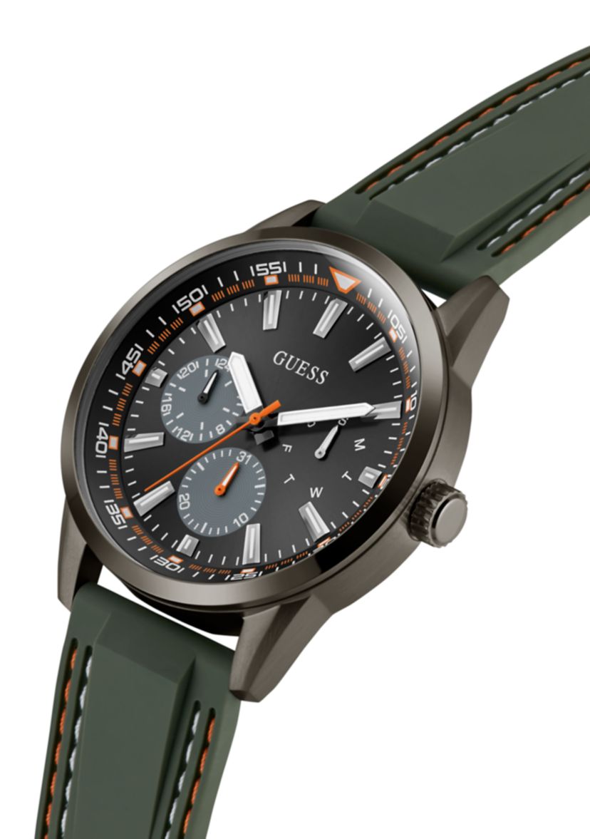 Dark Silver-Tone and Green Silicone Multifunction Watch