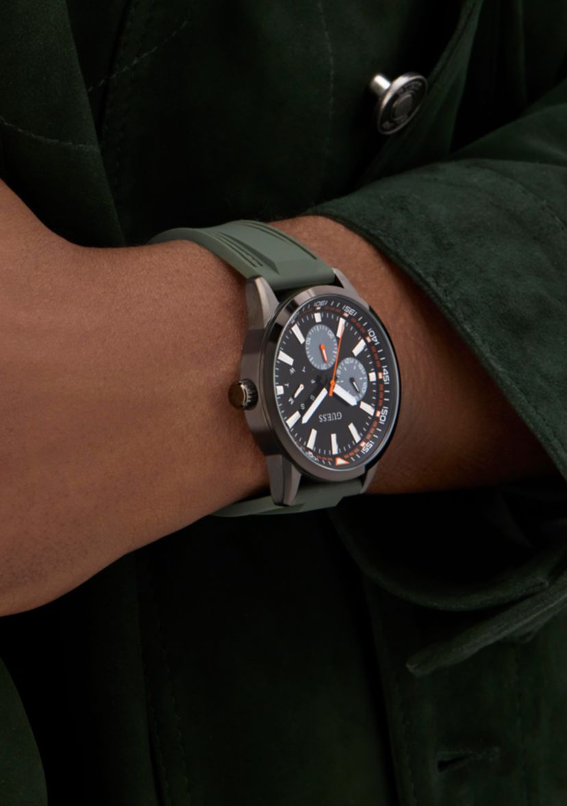 Dark Silver-Tone and Green Silicone Multifunction Watch