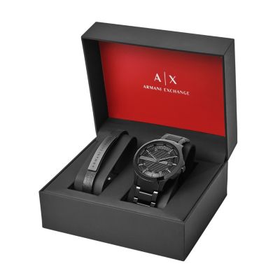 Armani Exchange AX Men's Three-Hand Date Black Stainless Steel Watch and Bracelet Gift Set -  0723763250795