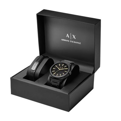 Armani Exchange AX Men's Three-Hand Black Stainless Steel Watch and Bracelet Gift Set -  5801117AX7102