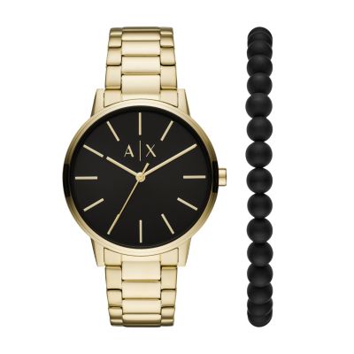 Armani Exchange AX Men's Three-Hand Gold-Tone Stainless Steel Watch and Bracelet Gift Set -  0723763290821