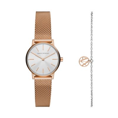 Armani Exchange AX Two-Hand Rose Gold-Tone Stainless Steel Watch and Bracelet Gift Set -  0723763292504