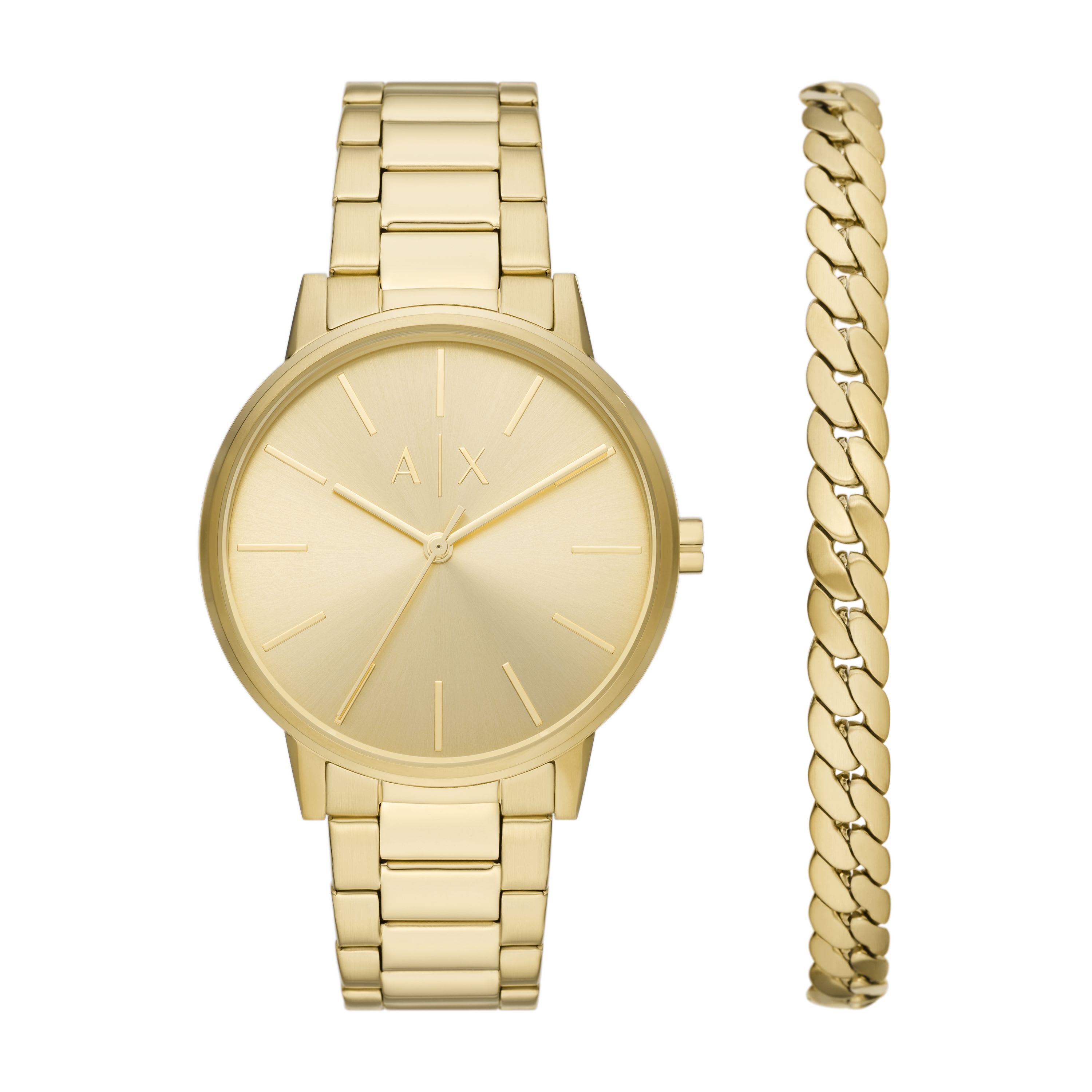 Three-Hand Gold-Tone Stainless Steel Watch and Gold-Tone Stainless Steel Bracelet Set