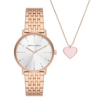 Armani Exchange AX Three-Hand Rose Gold-Tone Stainless Steel Watch and Rose Gold-Tone Stainless Steel Necklace Set -  5801117AX7145SET