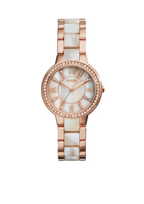 Fossil® Women's Rose Gold-Tone Shimmer Horn Virginia Glitz Three Hand ...