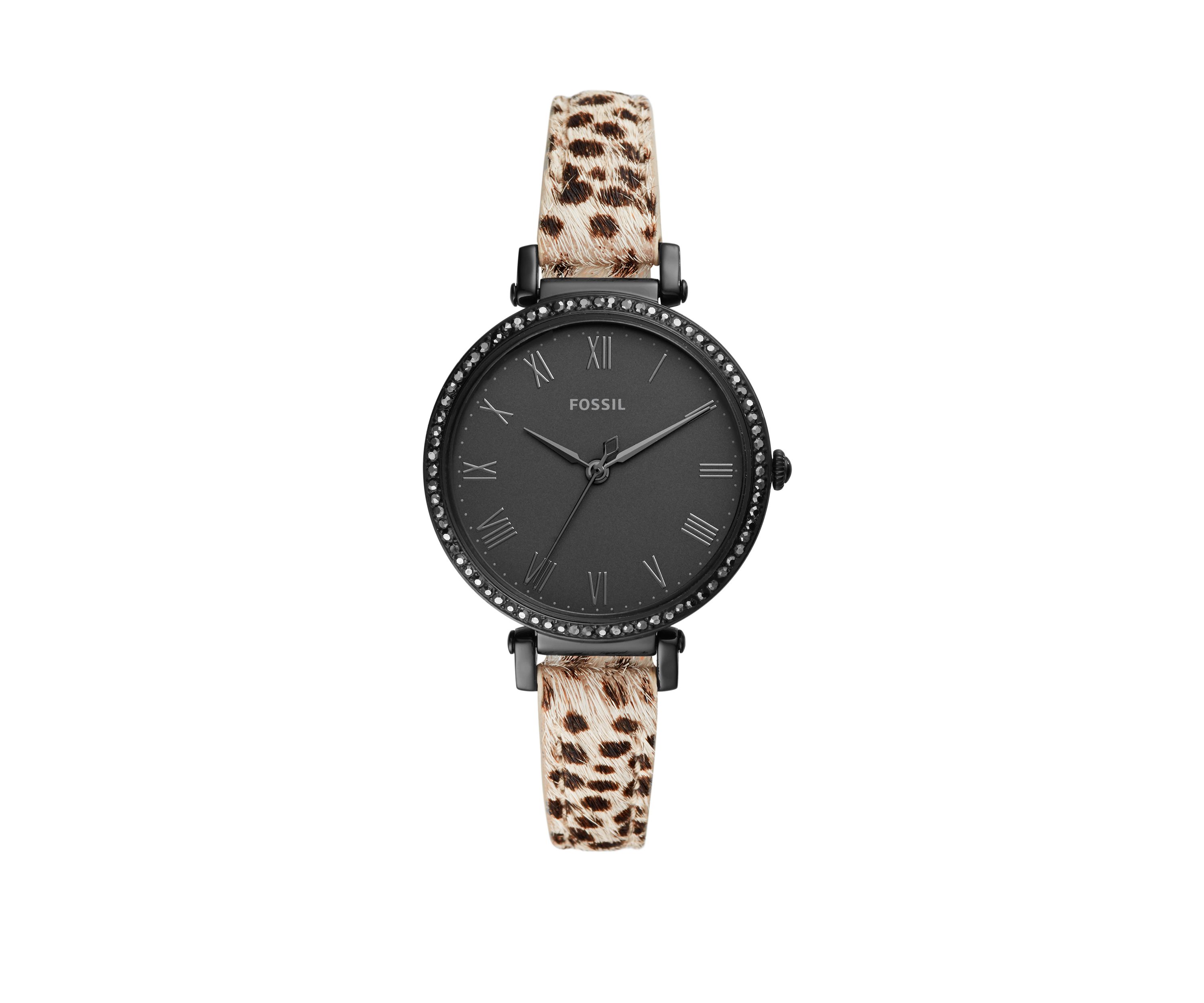 Womens 36 Millimeter Jacqueline Three Hand Faux Cheetah Hair Leather Watch