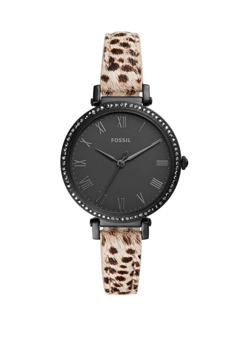 Womens 36 Millimeter Jacqueline Three Hand Faux Cheetah Hair Leather Watch