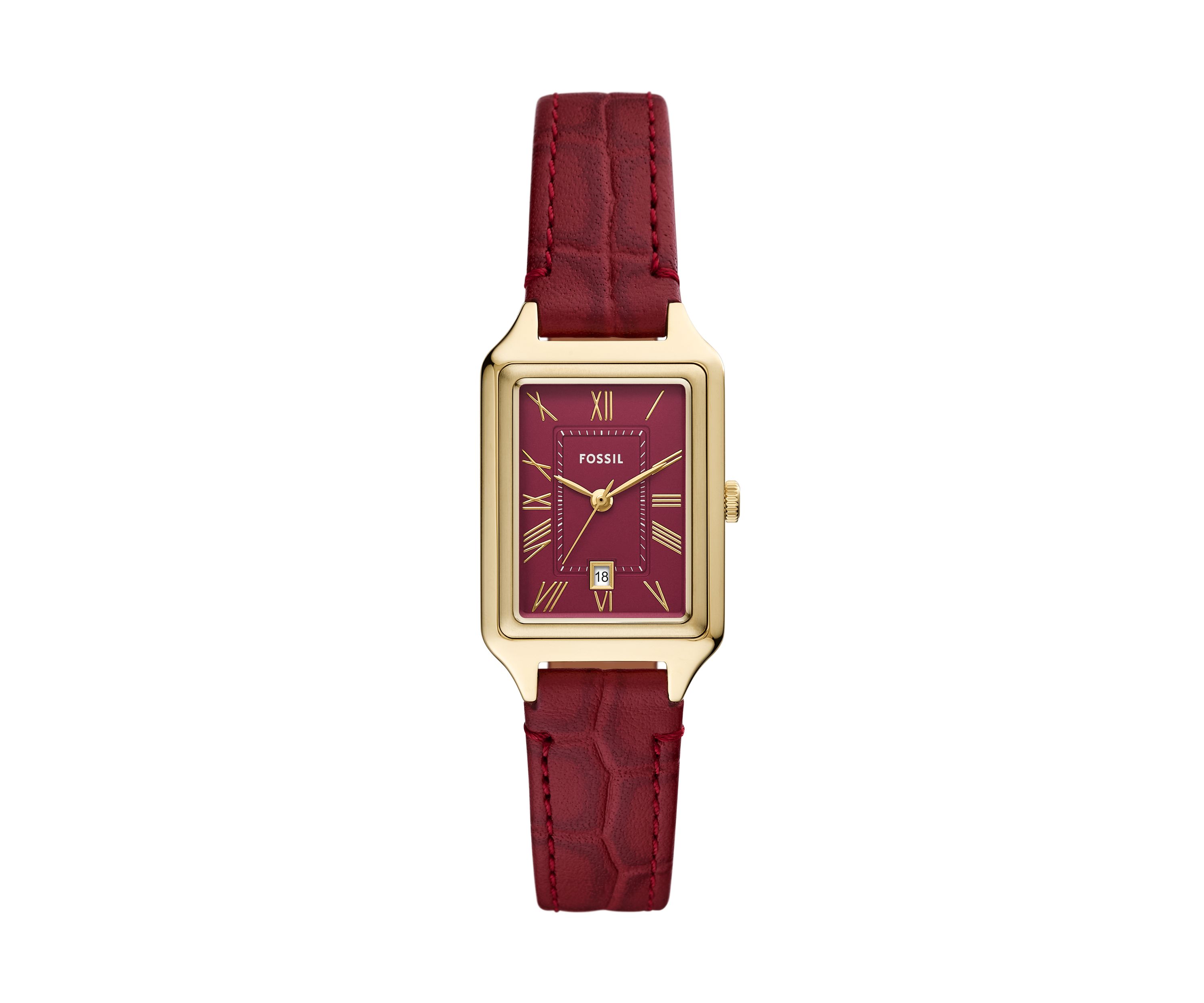 Gold Tone Red Leather Band Rectangle Watch