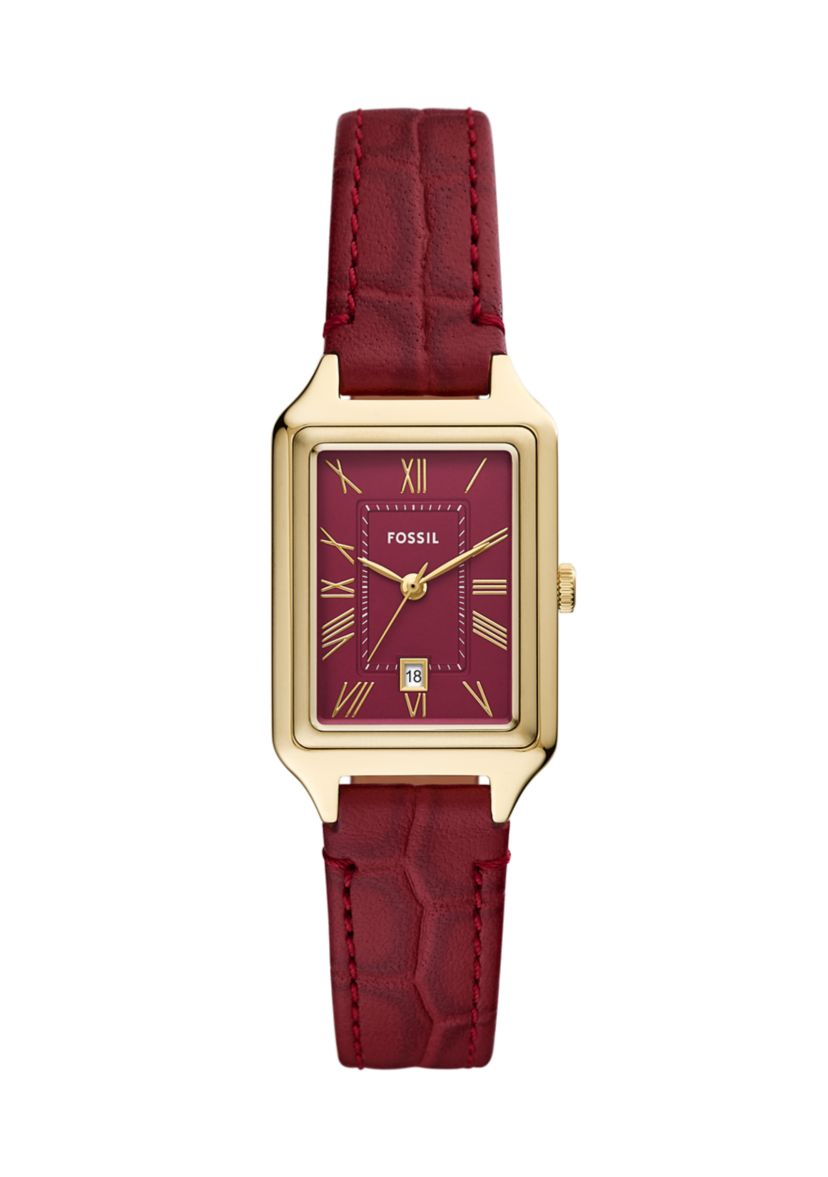 Gold Tone Red Leather Band Rectangle Watch