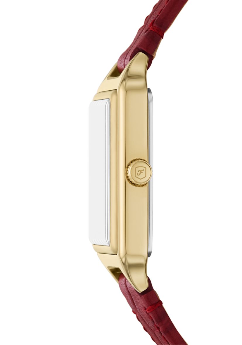 Gold Tone Red Leather Band Rectangle Watch