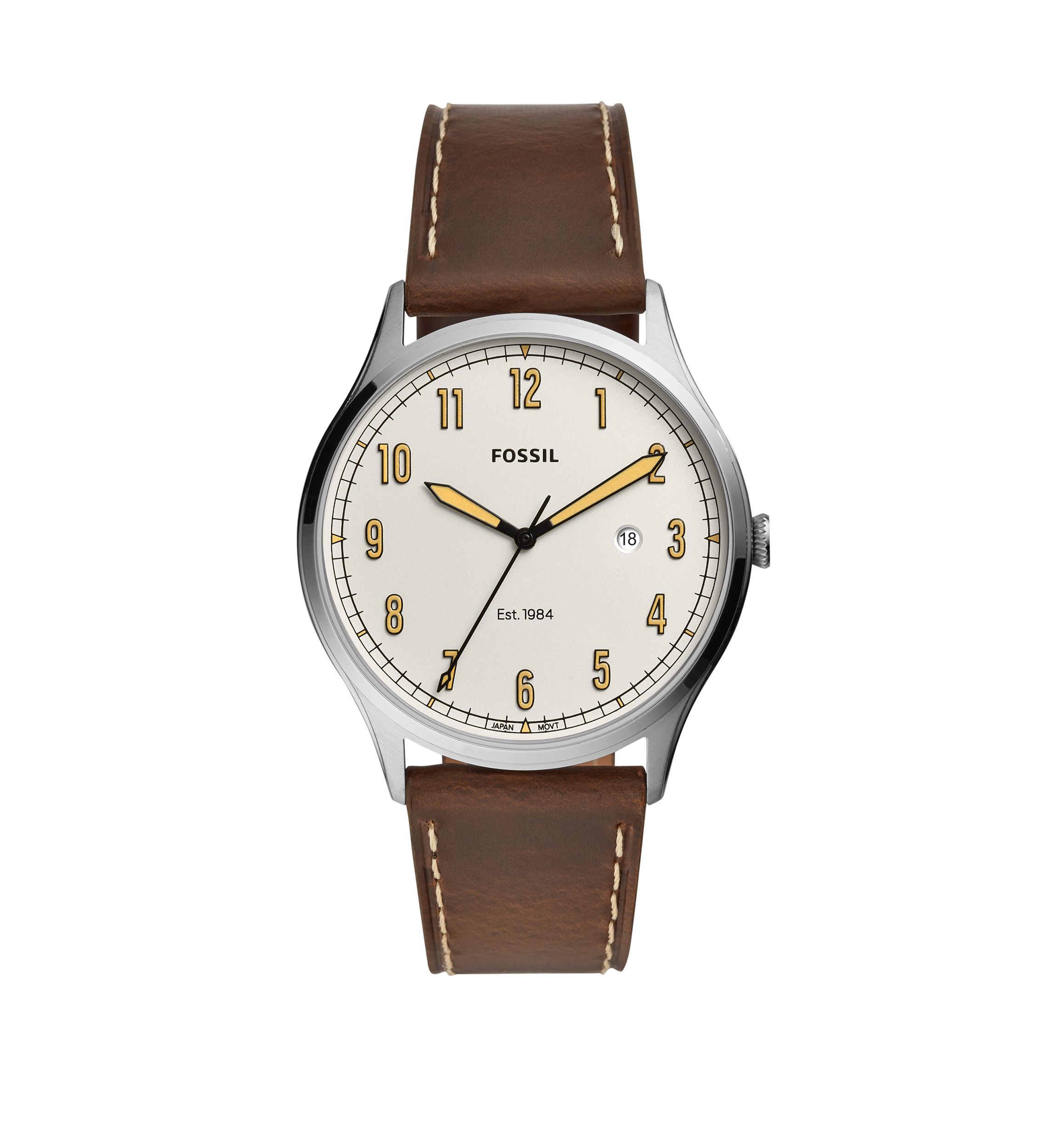 Mens Forrester Three-Hand Date Brown Leather Watch