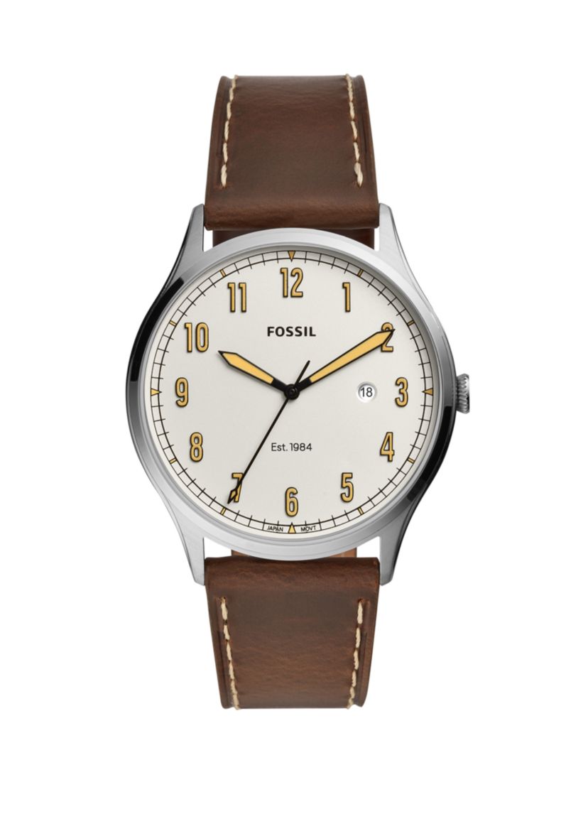 Mens Forrester Three-Hand Date Brown Leather Watch