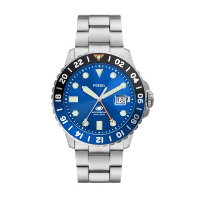 Mens Fossil Blue GMT Stainless Steel Watch