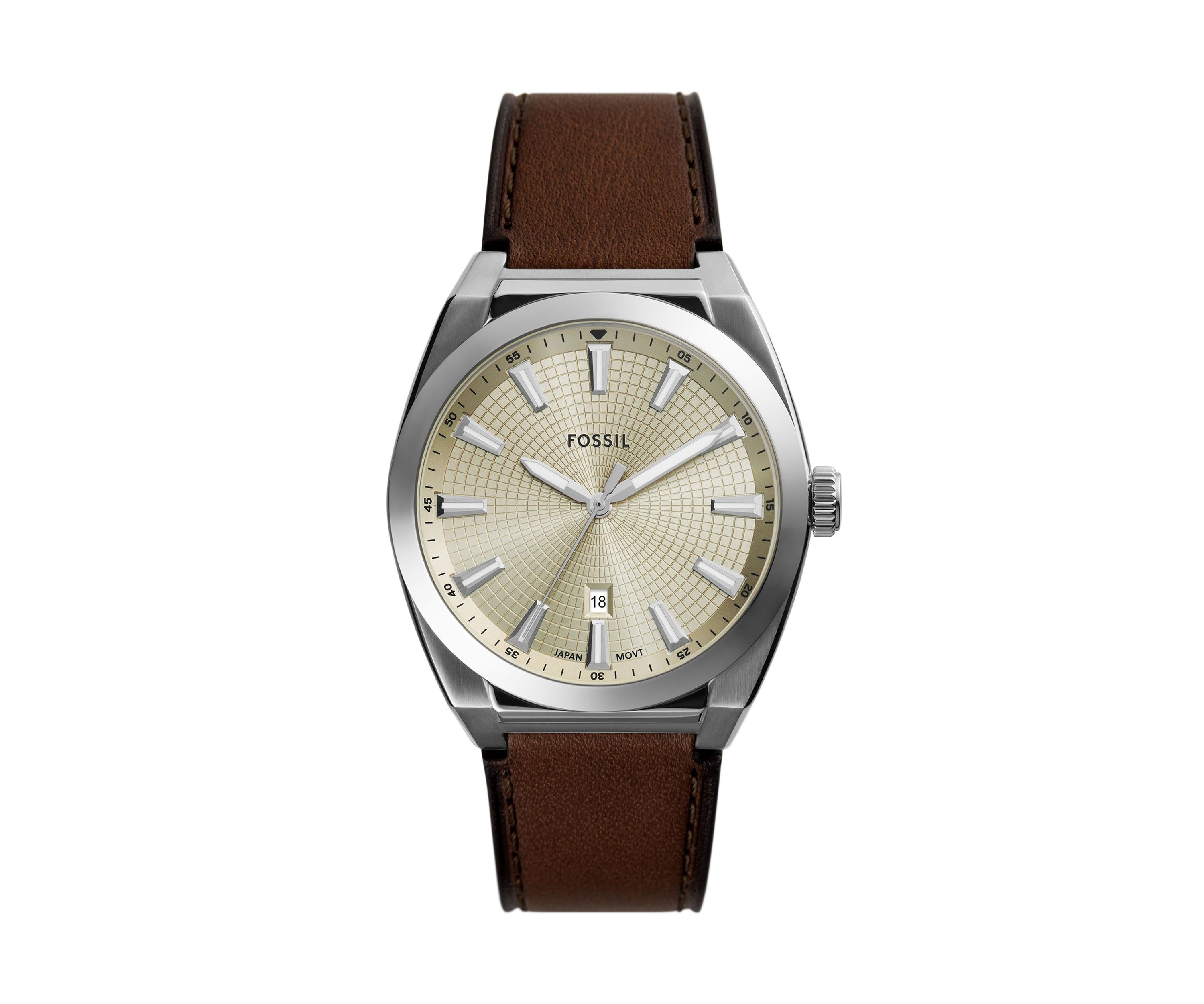 Silver Tone Brown Leather Strap Watch