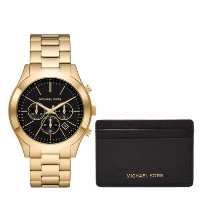 Michael Kors Men's Slim Runway Chronograph Gold-Tone Stainless Steel Watch and Slim Card Case Set -  0796483613270