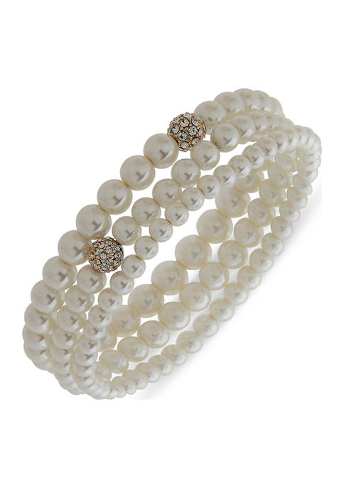 Gold Tone White Pearl Crystal Set of 3 Stretch  Bracelet
