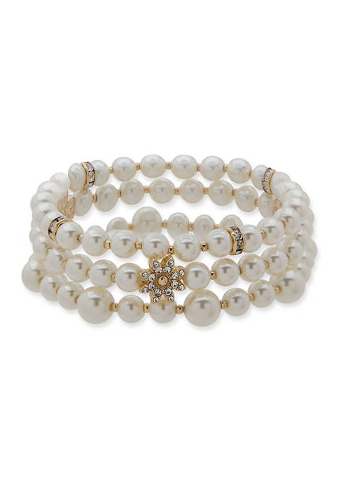 Gold Tone White Pearl Stretch Bracelet 