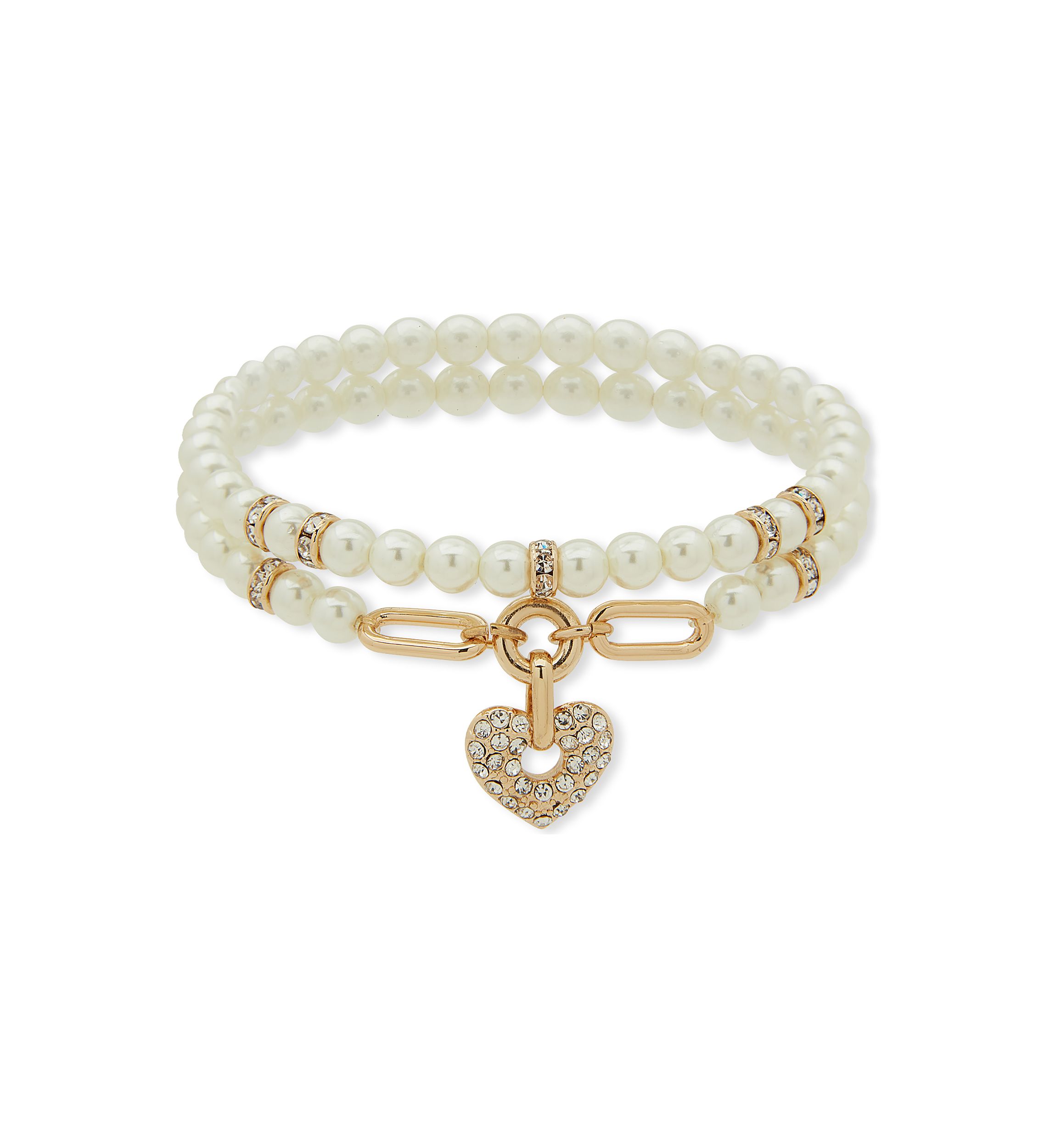 Gold Tone Pearl Crystal 2 Row Heart Stretch Bracelet