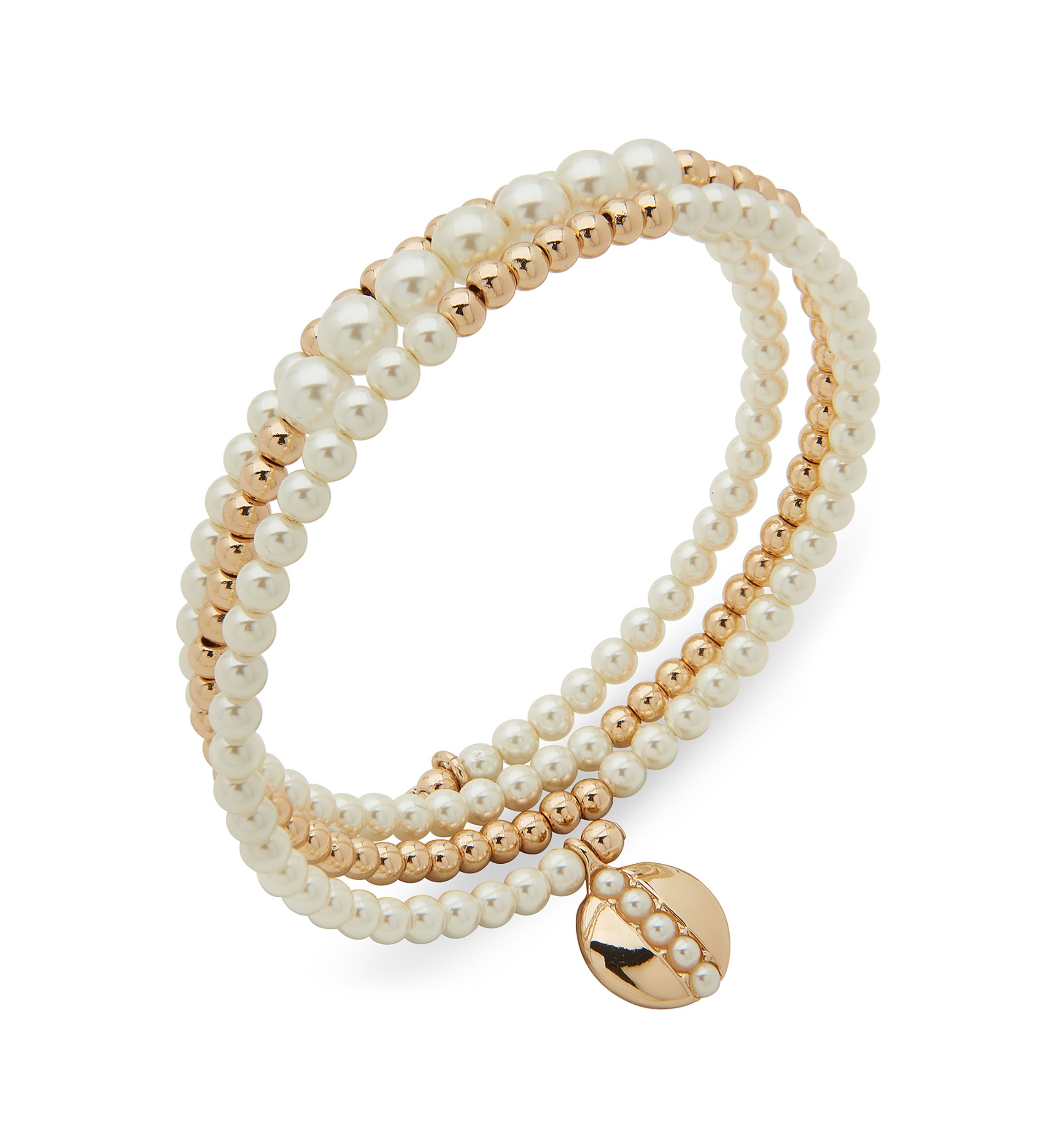 Gold Tone Pearl Disc Charm Coil Bracelet
