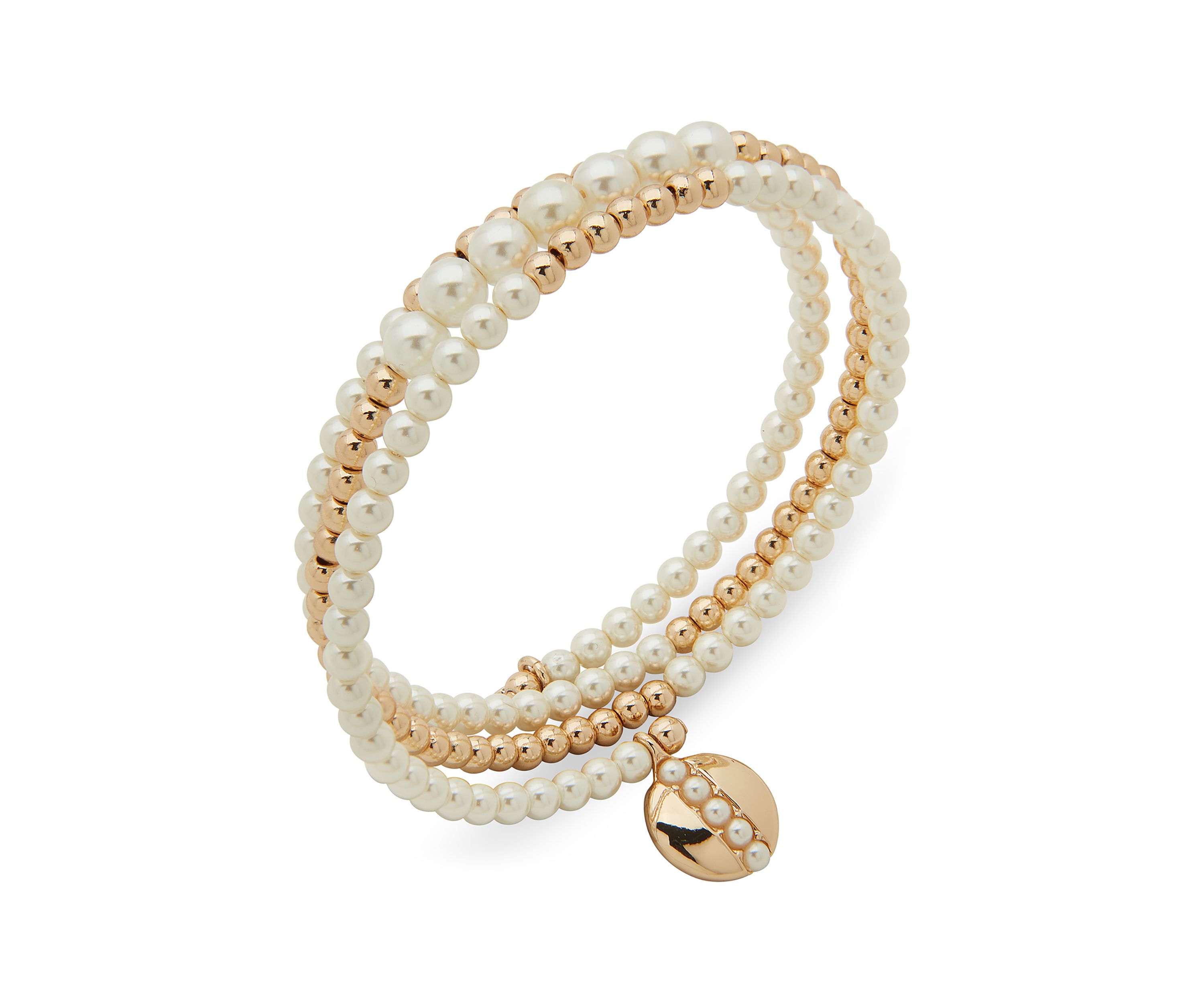 Gold Tone Pearl Disc Charm Coil Bracelet