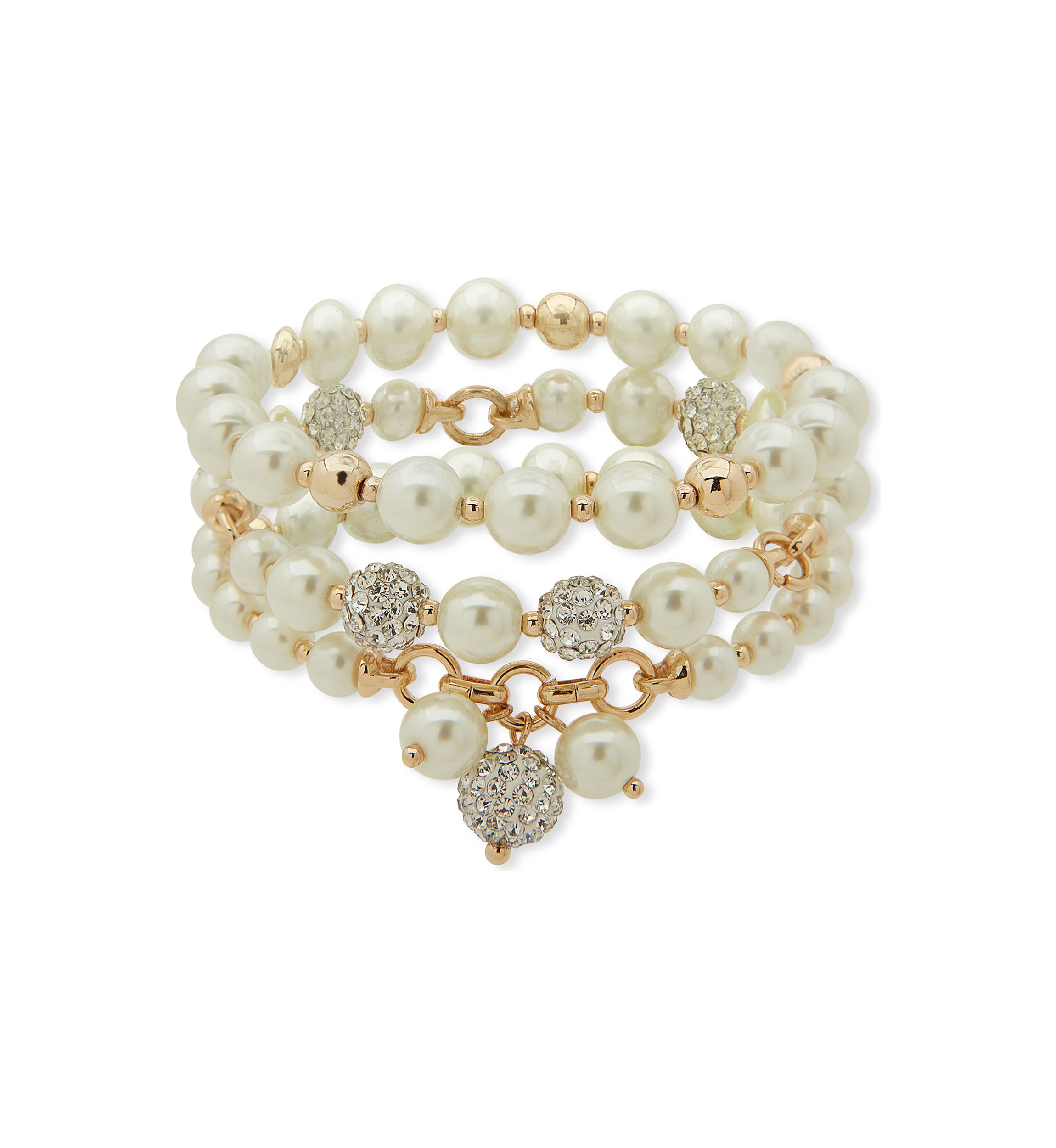 Gold Tone Pearl Crystal 3 Row Stretch Bracelet