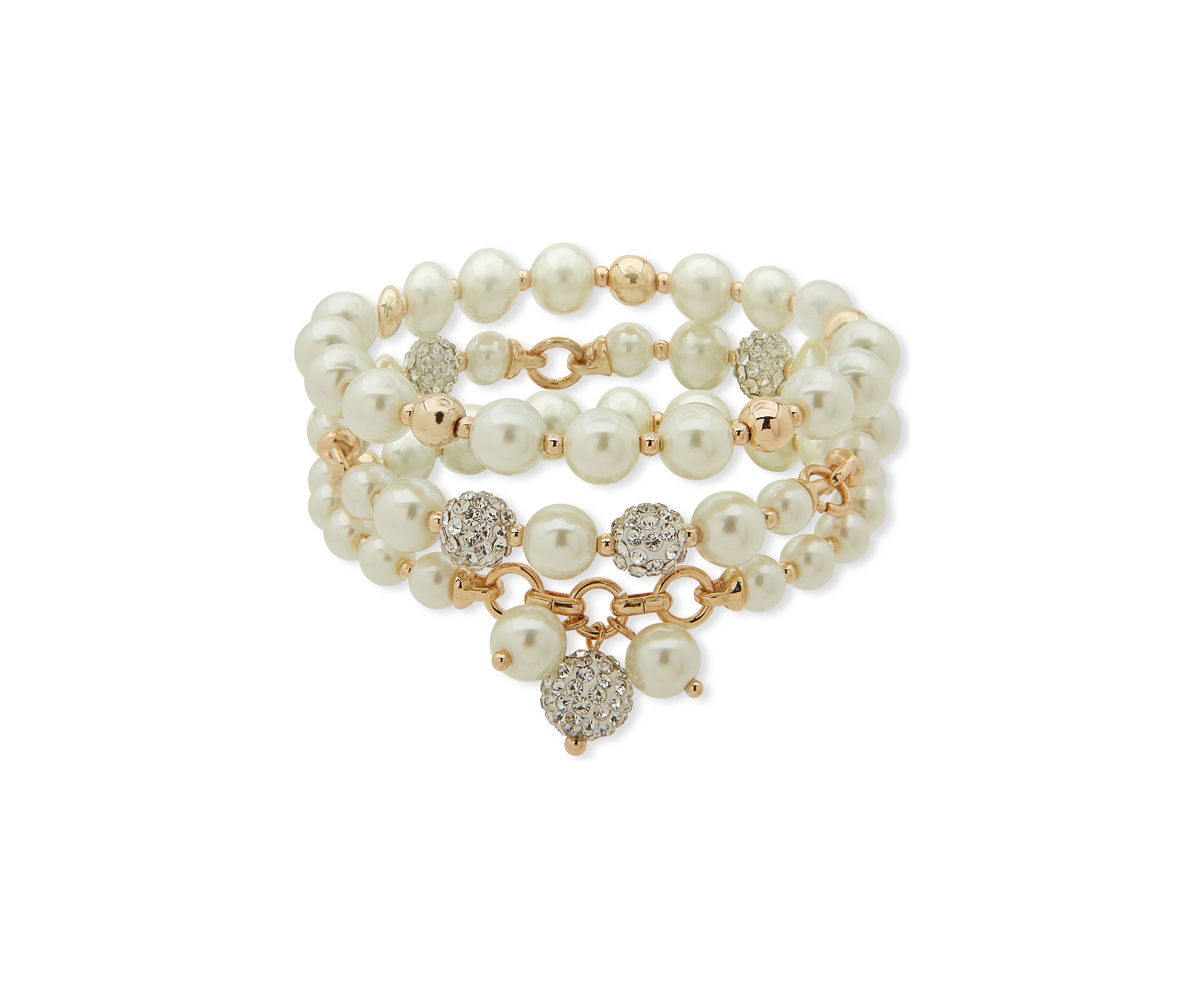Gold Tone Pearl Crystal 3 Row Stretch Bracelet