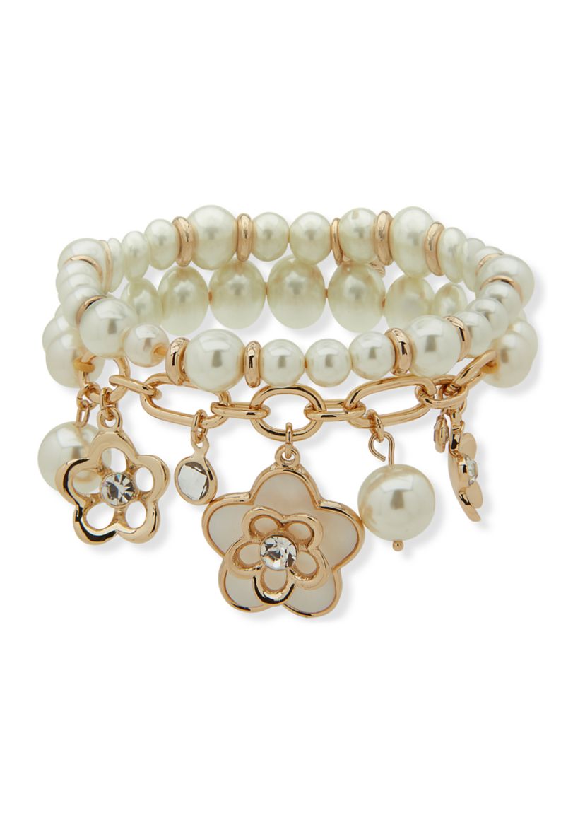 Gold Tone Pearl 2 Row Stretch Bracelet