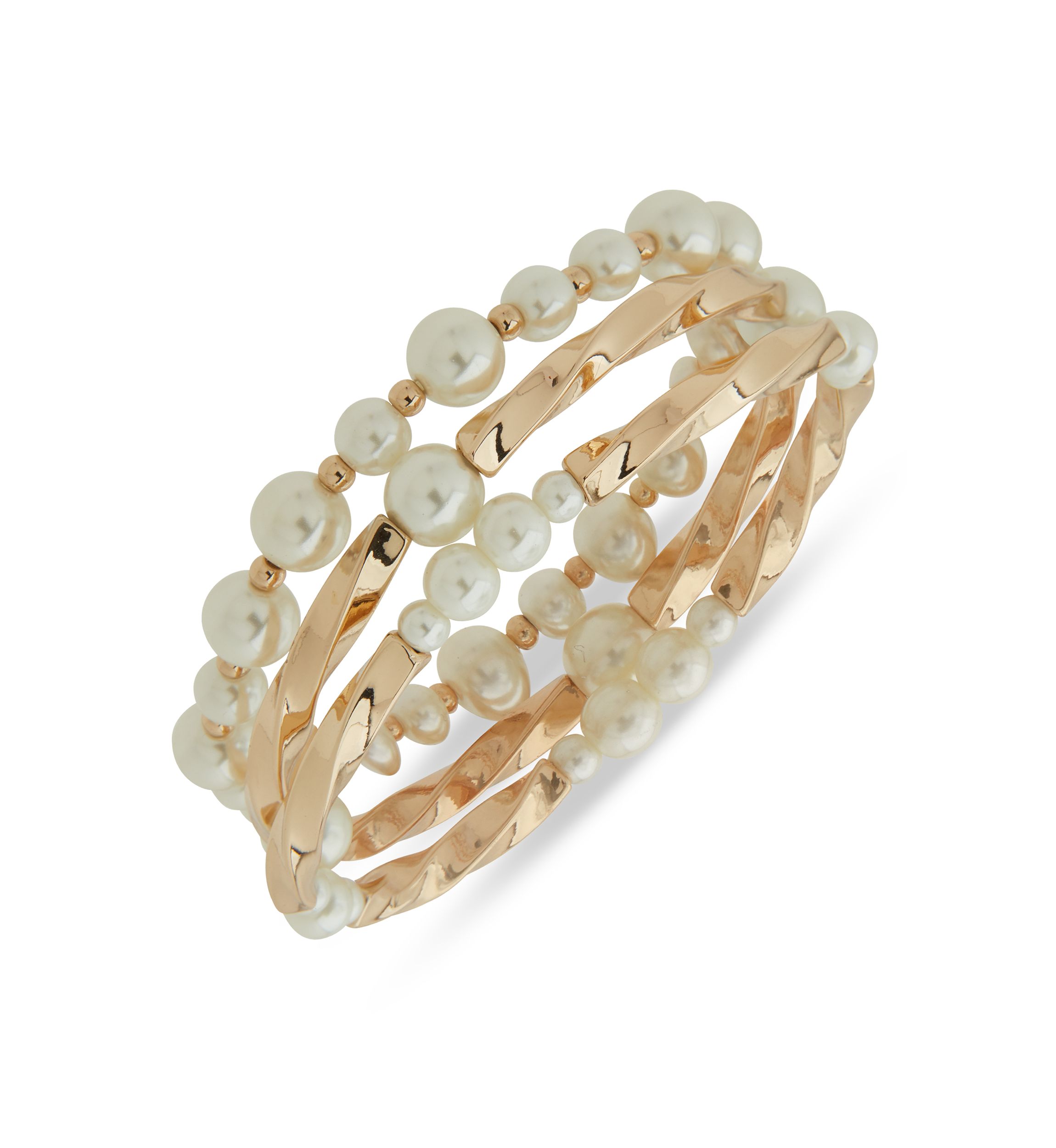 Gold Tone Pearl 3 Piece Twisted Rope Stretch Bracelet Set