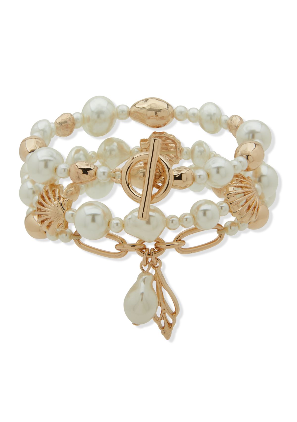 Gold Tone Pearl 3 Row Beaded Stretch Bracelet Set