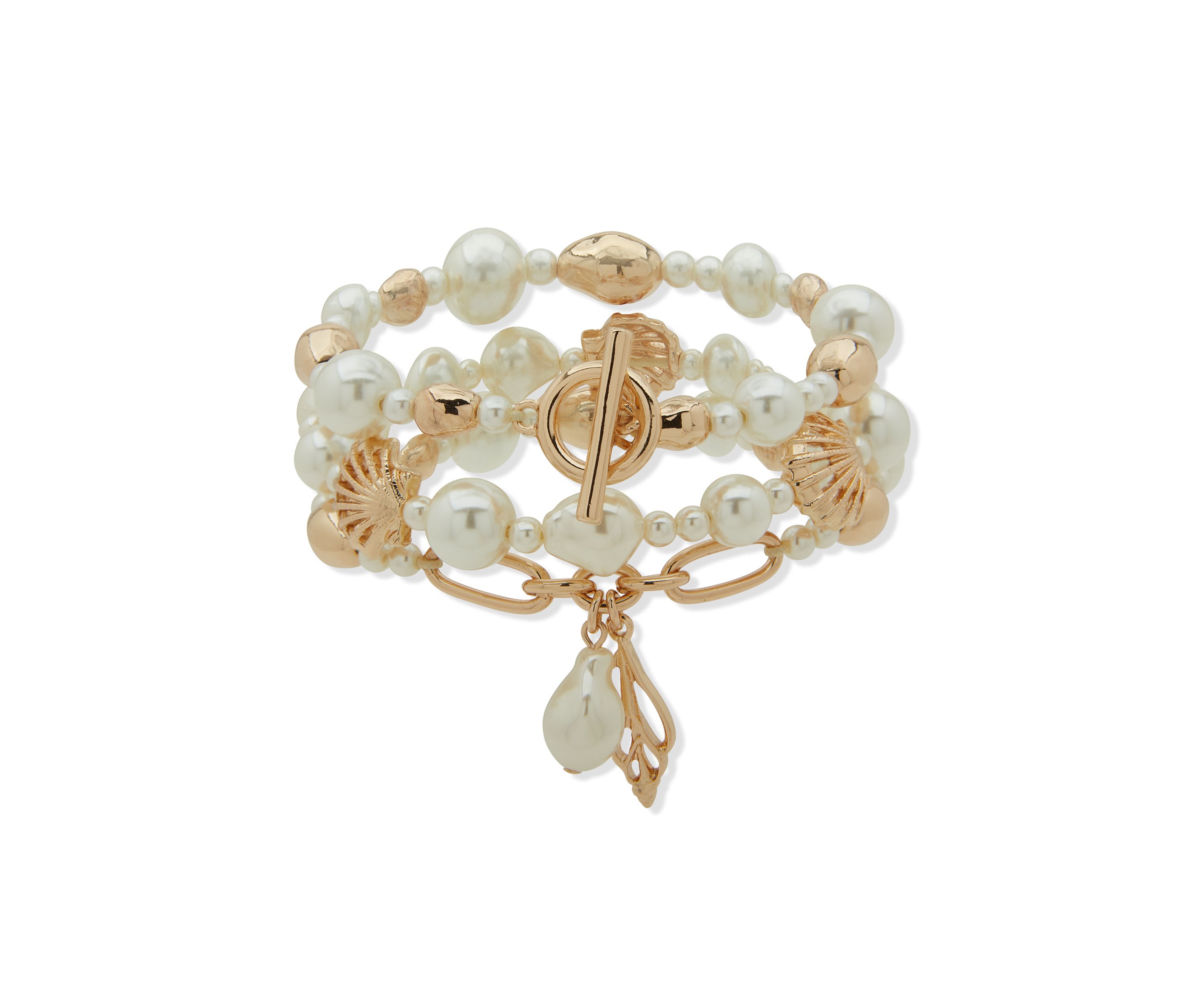 Gold Tone Pearl 3 Row Beaded Stretch Bracelet Set