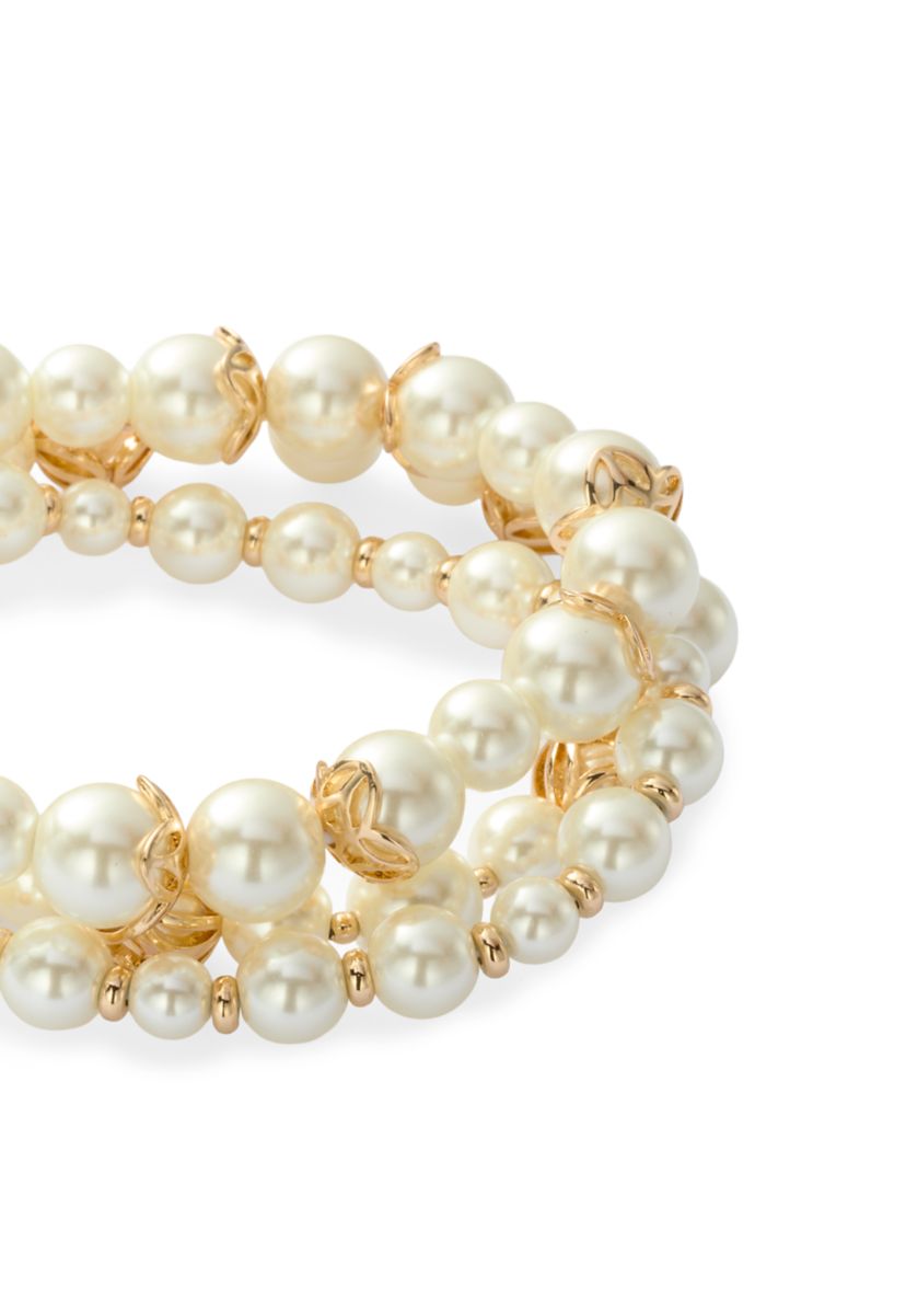 Gold Tone Caged Pearl Stretch Bracelet Set