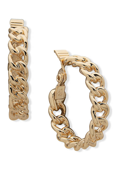 Gold Tone Curb Link Hoop Clip Earrings
