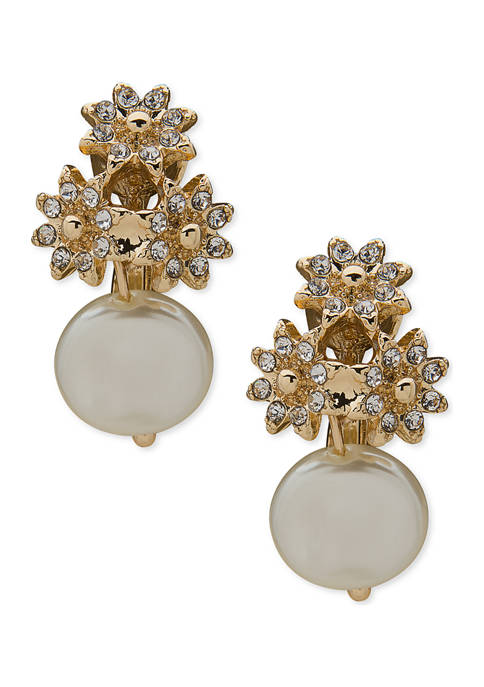 Gold Tone White Pearl Button Flower Clip Earrings