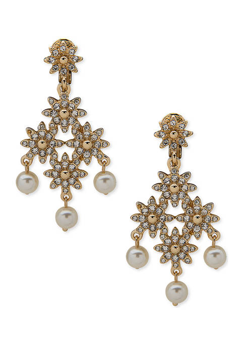 Gold Tone White Pearl Flower Chandelier Clip Earrings