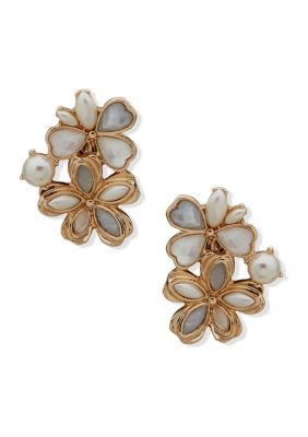 Gold Tone Double Flower Pearl Button Clip Earrings