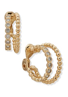 Gold Tone 24 Millimeter Cubic Zirconia Multi Row Bead and Stone Hoop Clip Earrings