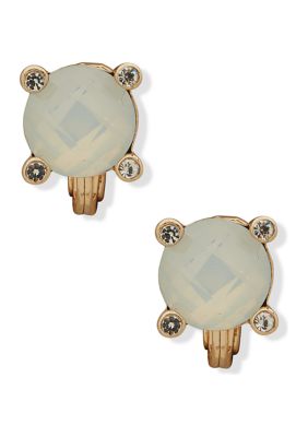 Gold Tone White Opal Stone Button Clip Earrings