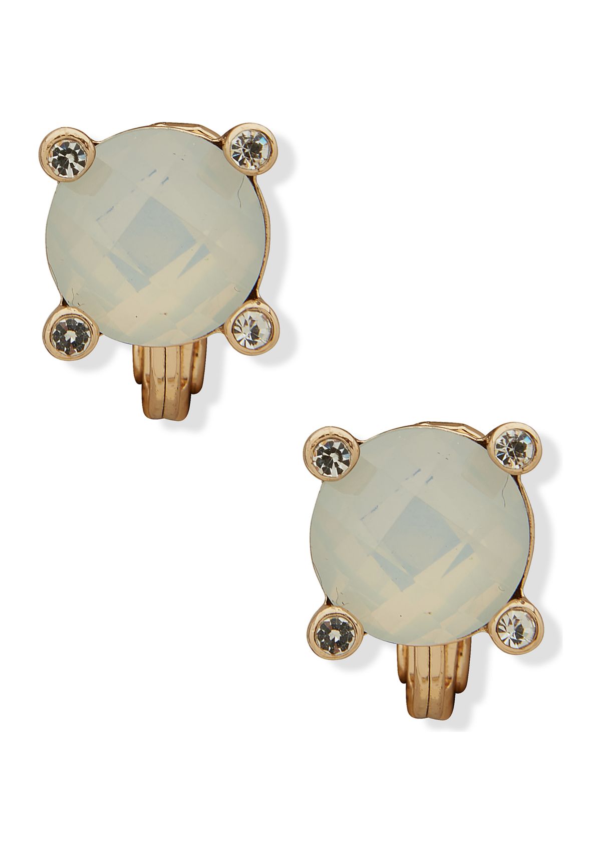 Gold Tone White Opal Stone Button Clip Earrings
