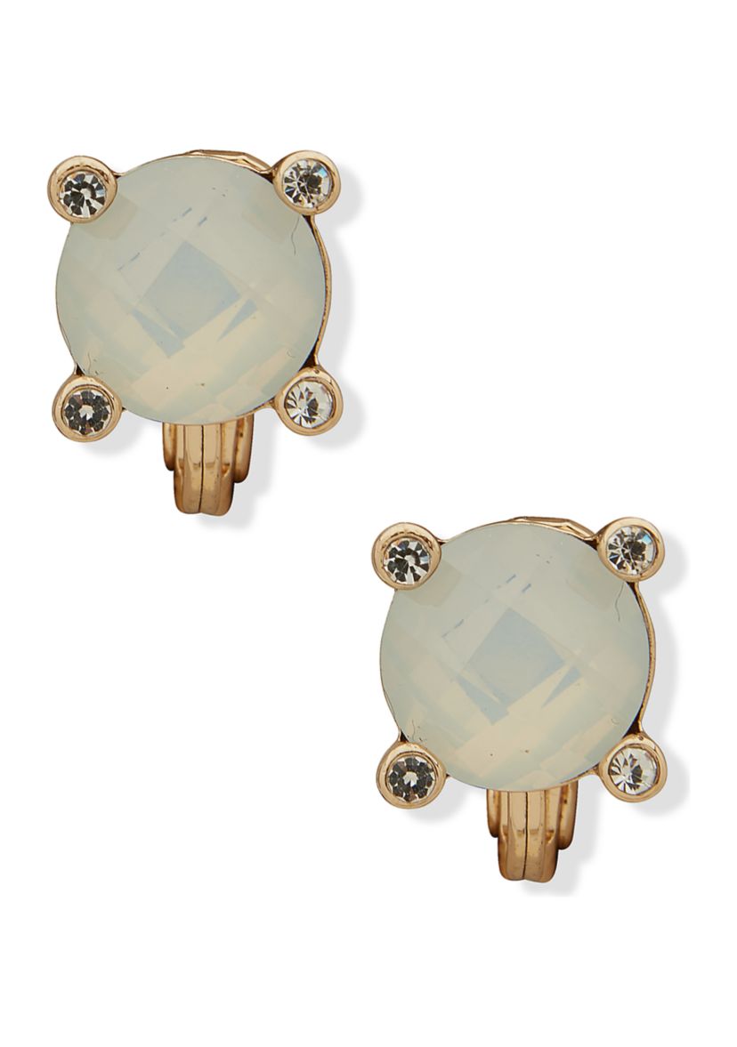 Gold Tone White Opal Stone Button Clip Earrings