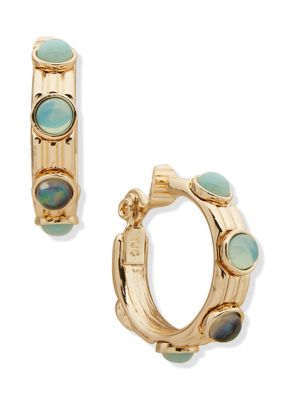Gold Tone Blue Smoothed Cab Hoop Earrings