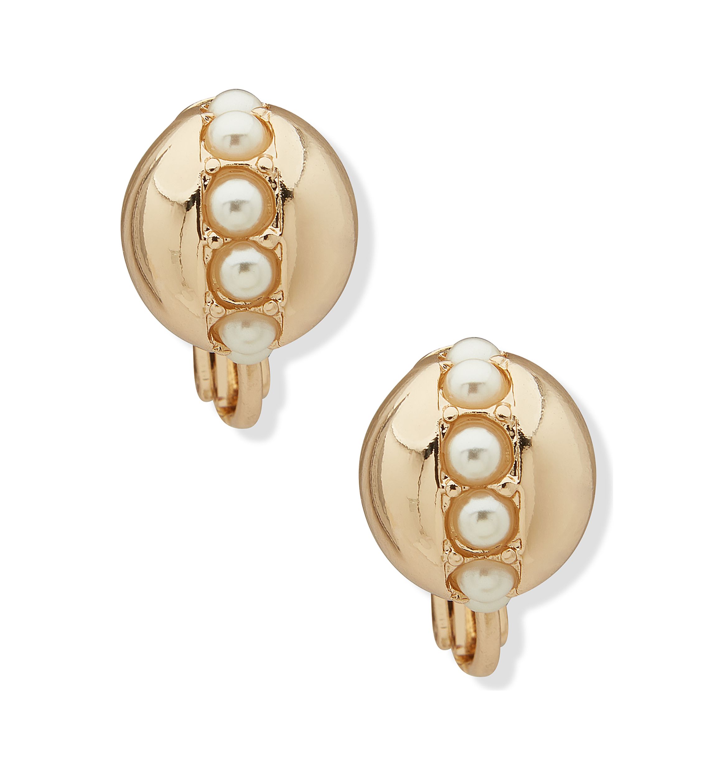 Gold Tone Pearl Button EZ Comfort Clip Earrings