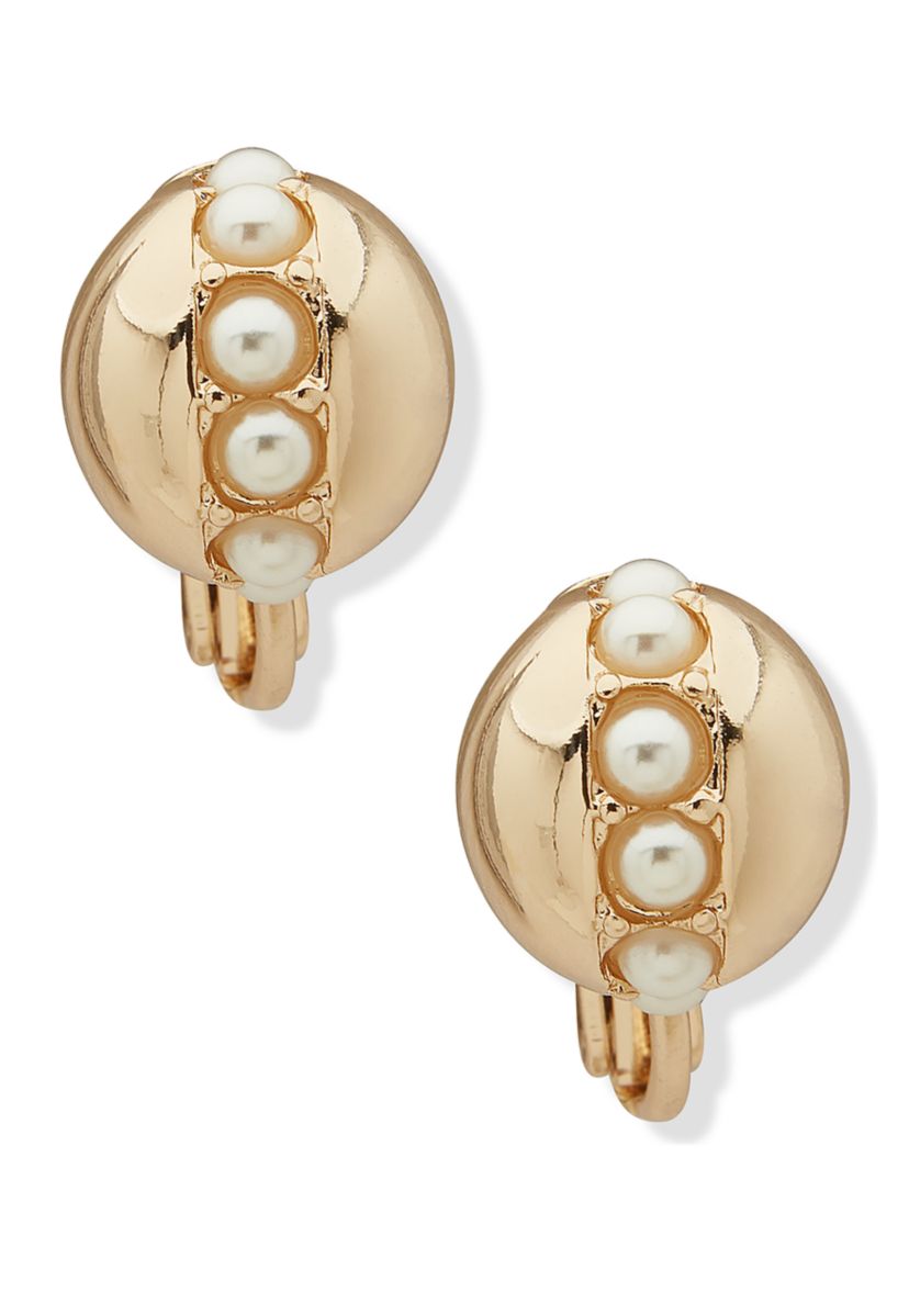 Gold Tone Pearl Button EZ Comfort Clip Earrings