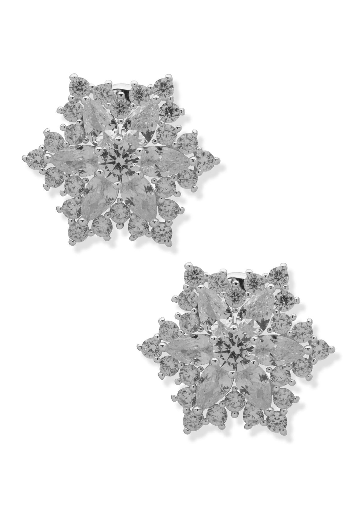 Silver Tone Cubic Zirconia Snowflake Button Comfort Clip Earrings
