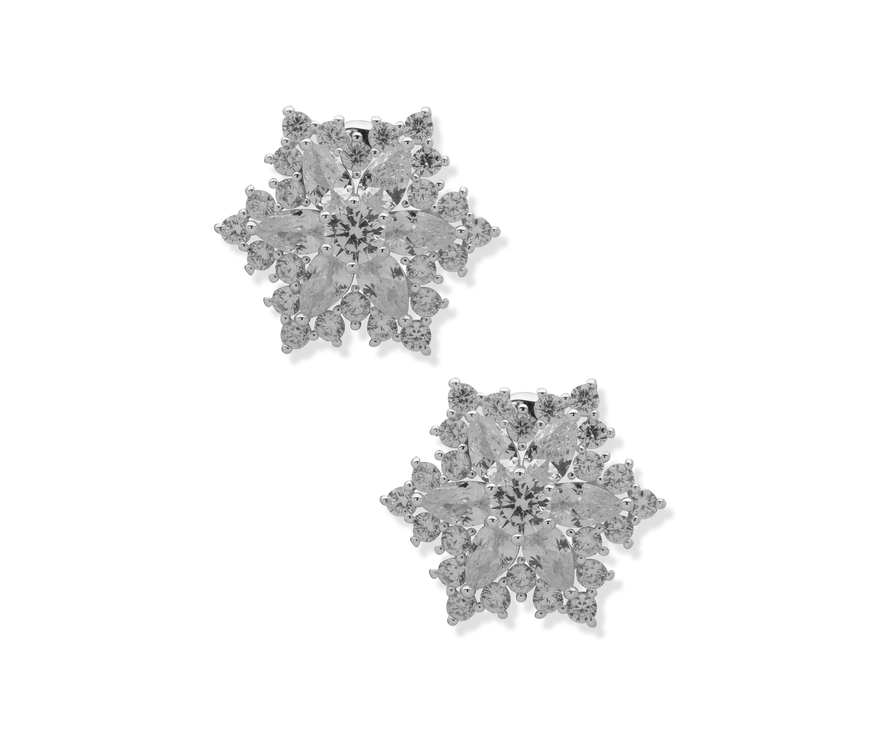 Silver Tone Cubic Zirconia Snowflake Button Comfort Clip Earrings