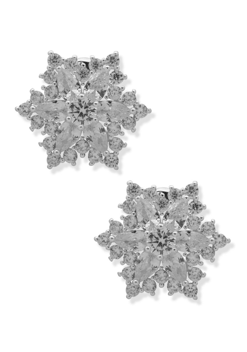 Silver Tone Cubic Zirconia Snowflake Button Comfort Clip Earrings